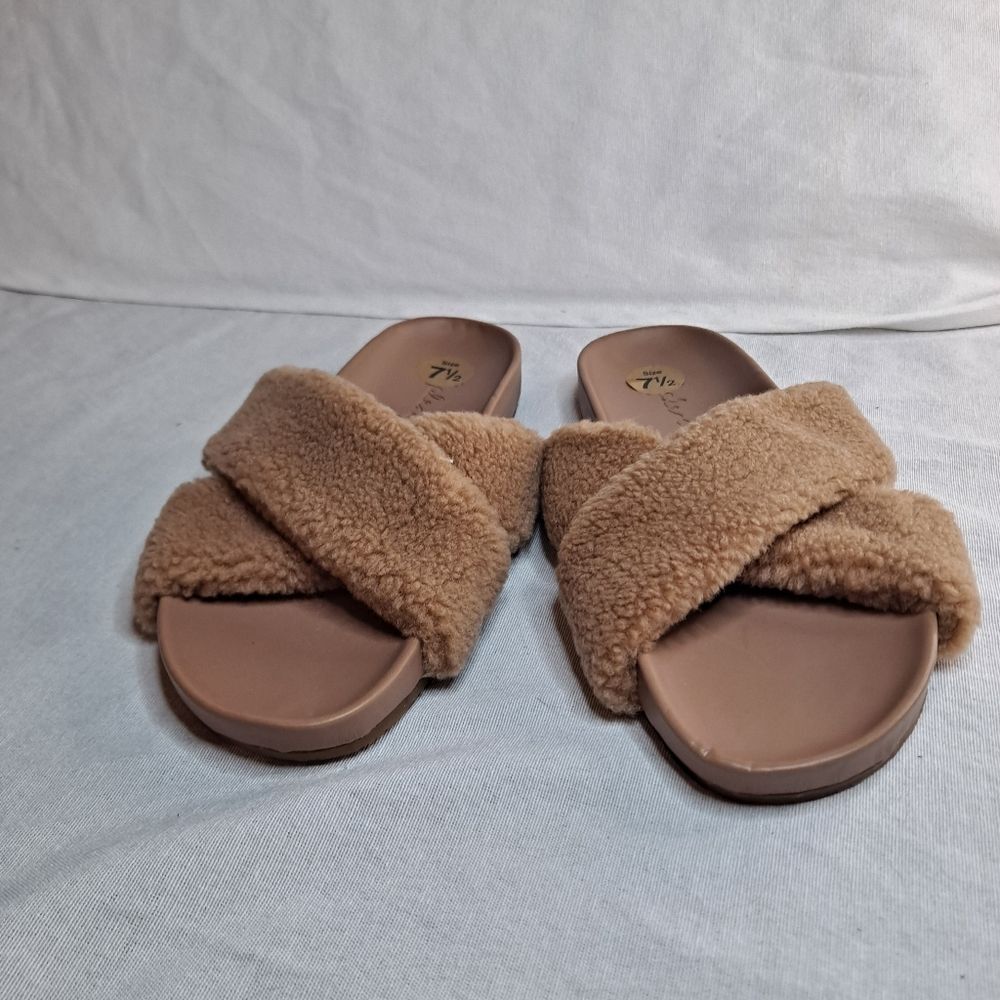 Splendid Womens Rozi Slide Sandals Sz 7.5M Warm Sand Faux Fur Slip On Wool Blend
